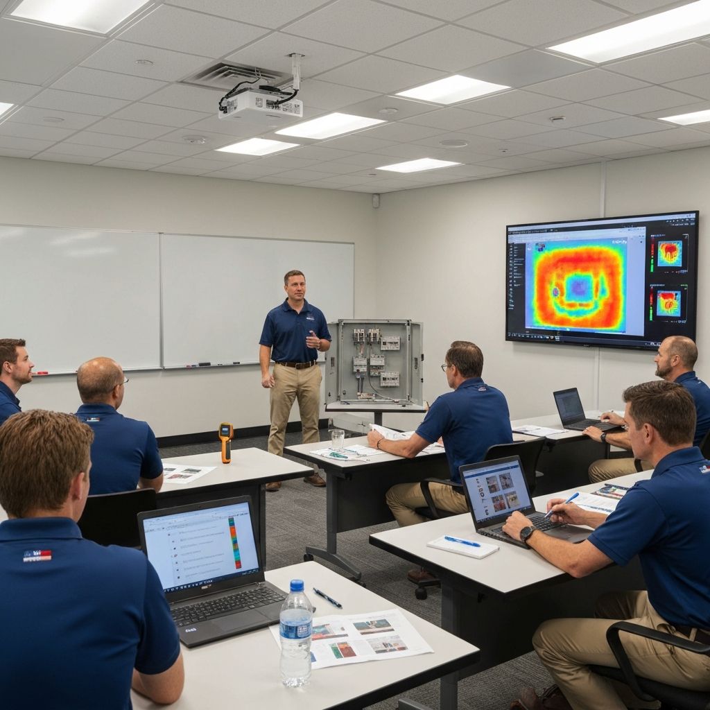 Infrared thermography certification training class with instructor presenting thermal image analysis to professional students in a modern classroom setting