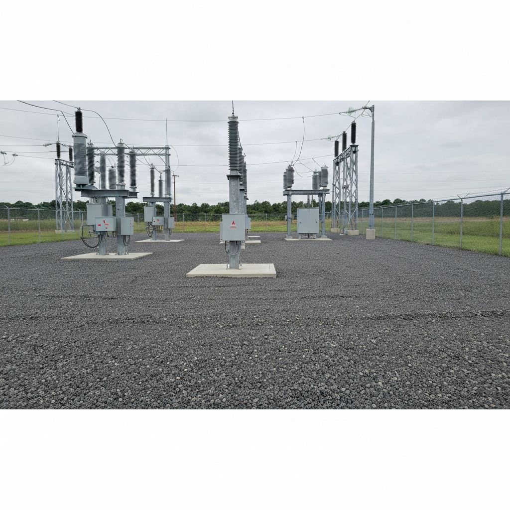 Fully restored substation yard with fresh uniform gravel and clean perimeter