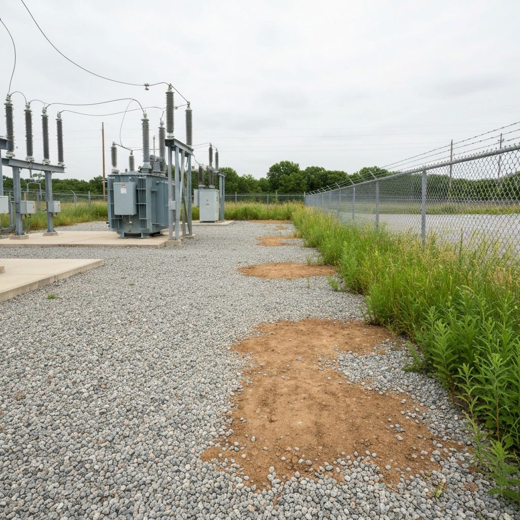 Substation yard with overgrown weeds, bare soil, and displaced gravel