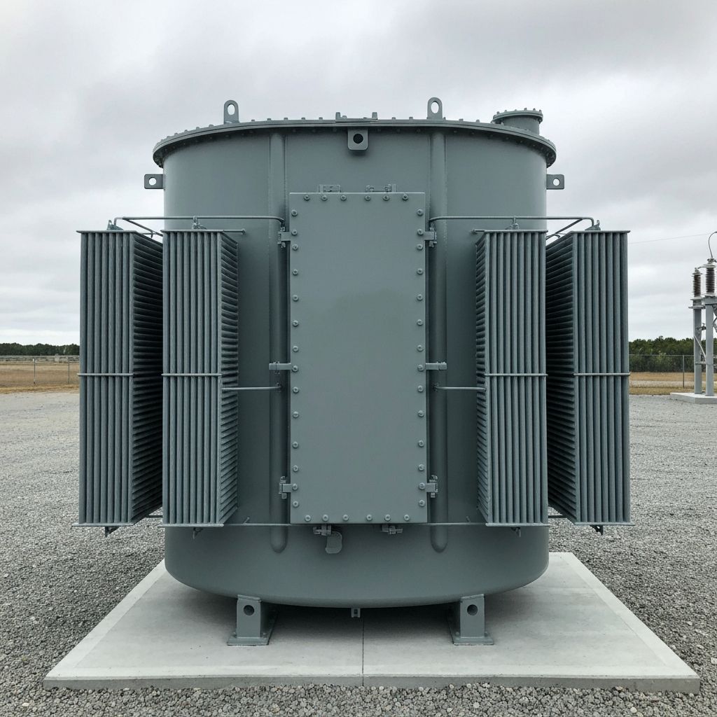 Same transformer after professional refinishing in ANSI gray industrial coating