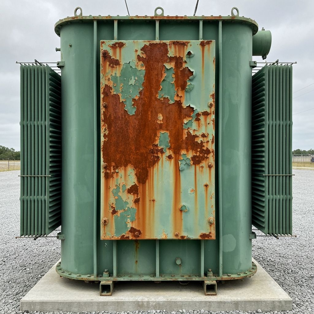 Substation transformer with severe rust and peeling green paint — before Invizions painting service