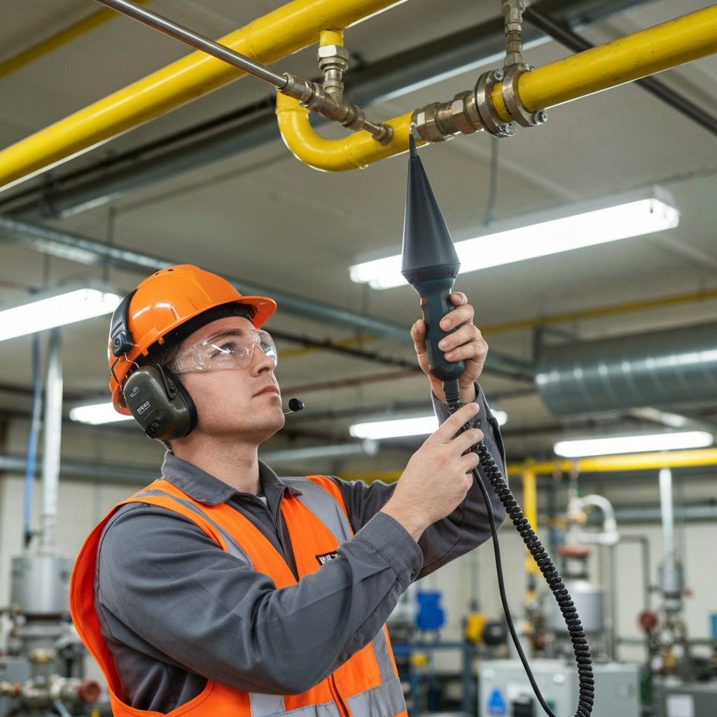 Industrial technician using handheld ultrasonic leak detector with headphones to scan overhead compressed air piping for leaks in a manufacturing facility