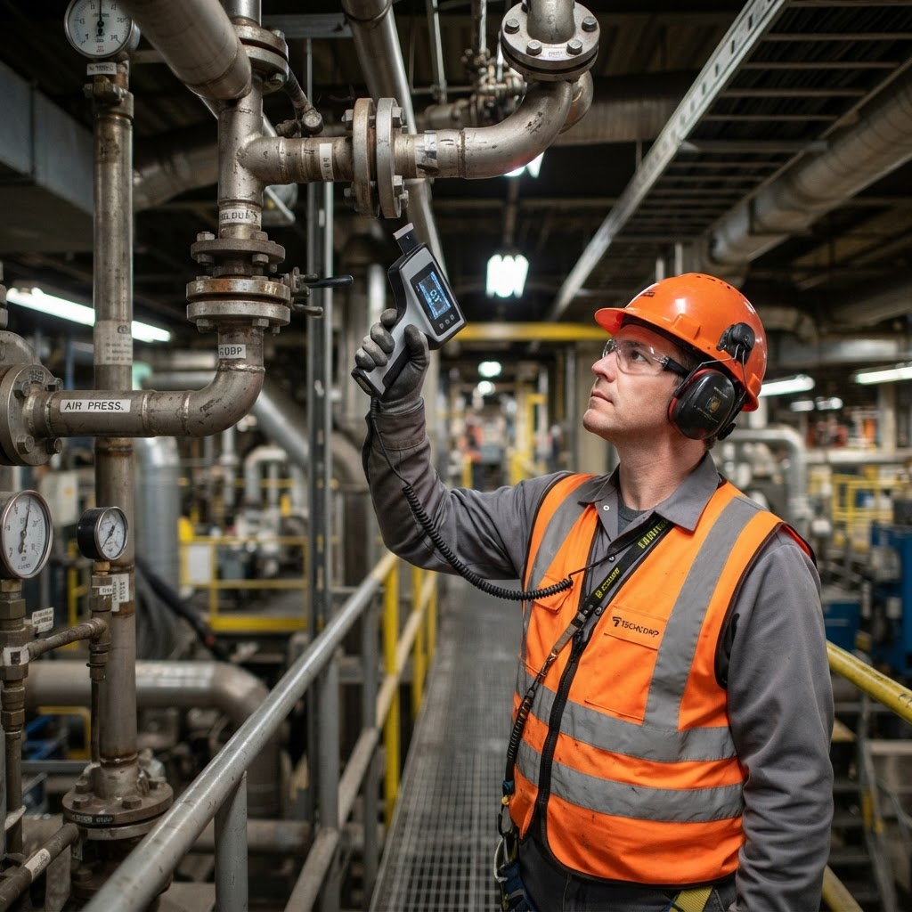 Industrial technician using handheld ultrasonic leak detector with headphones to scan overhead compressed air piping for leaks in a manufacturing facility