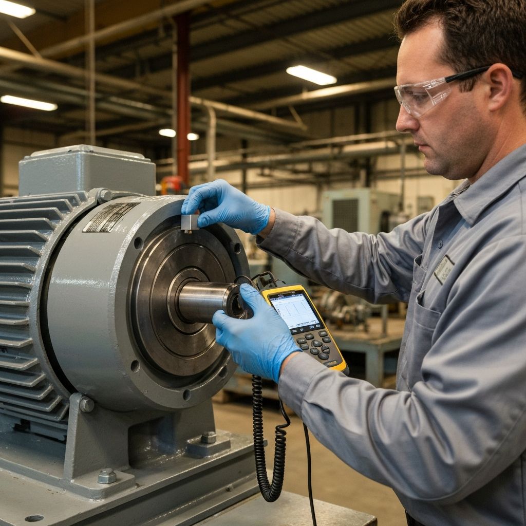 Vibration analysis technician placing an accelerometer sensor on an industrial motor bearing housing while monitoring waveform data on a handheld collector device